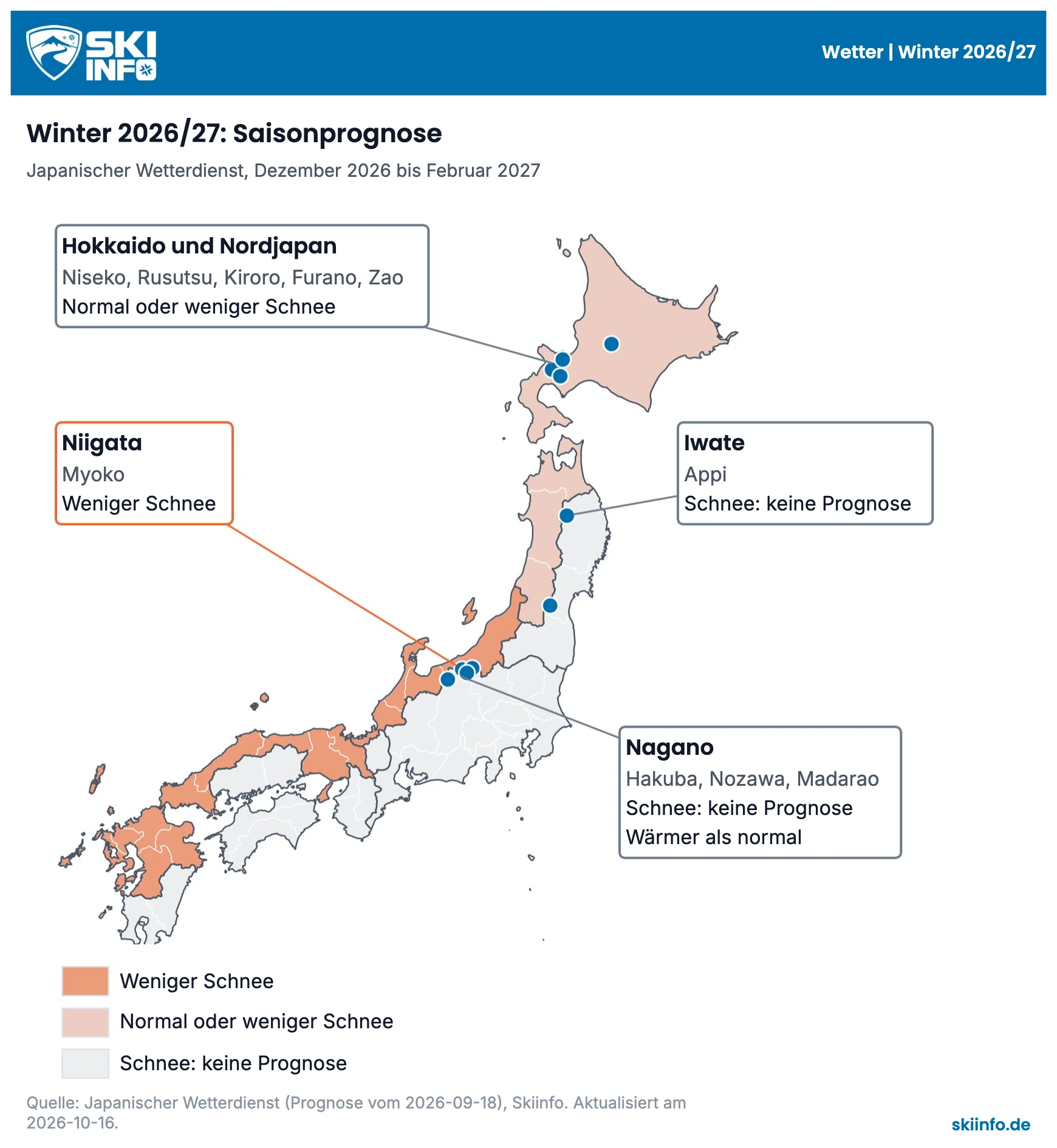 Karte Japans mit der Saisonprognose des Japanischen Wetterdienstes für Dezember 2026 bis Februar 2027