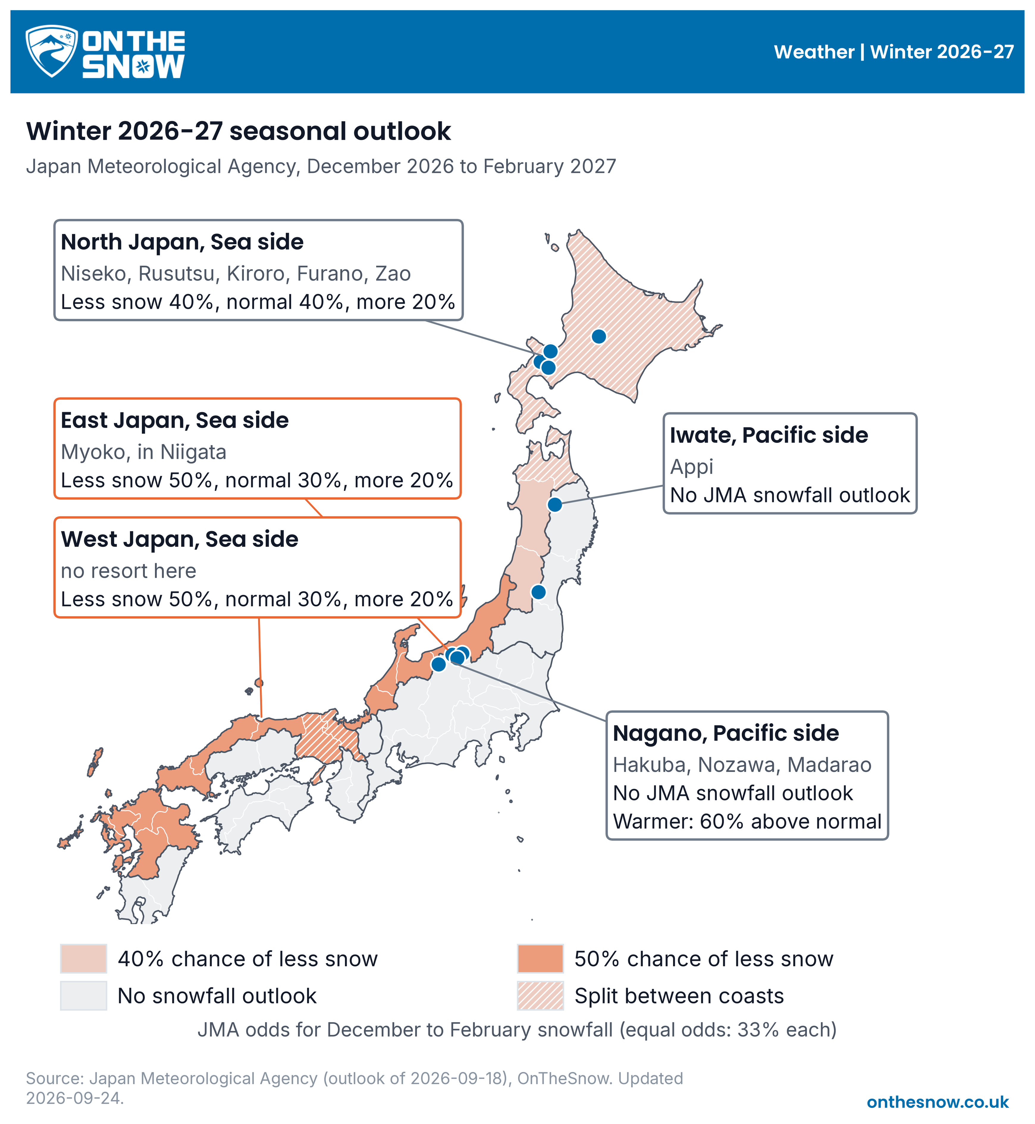 Map of Japan's ski regions with the Japan Meteorological Agency's December to February outlook