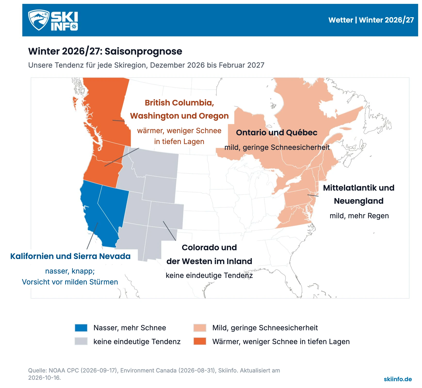Karte der USA und Kanadas mit der Skiinfo-Tendenz für jede Skiregion, Dezember 2026 bis Februar 2027