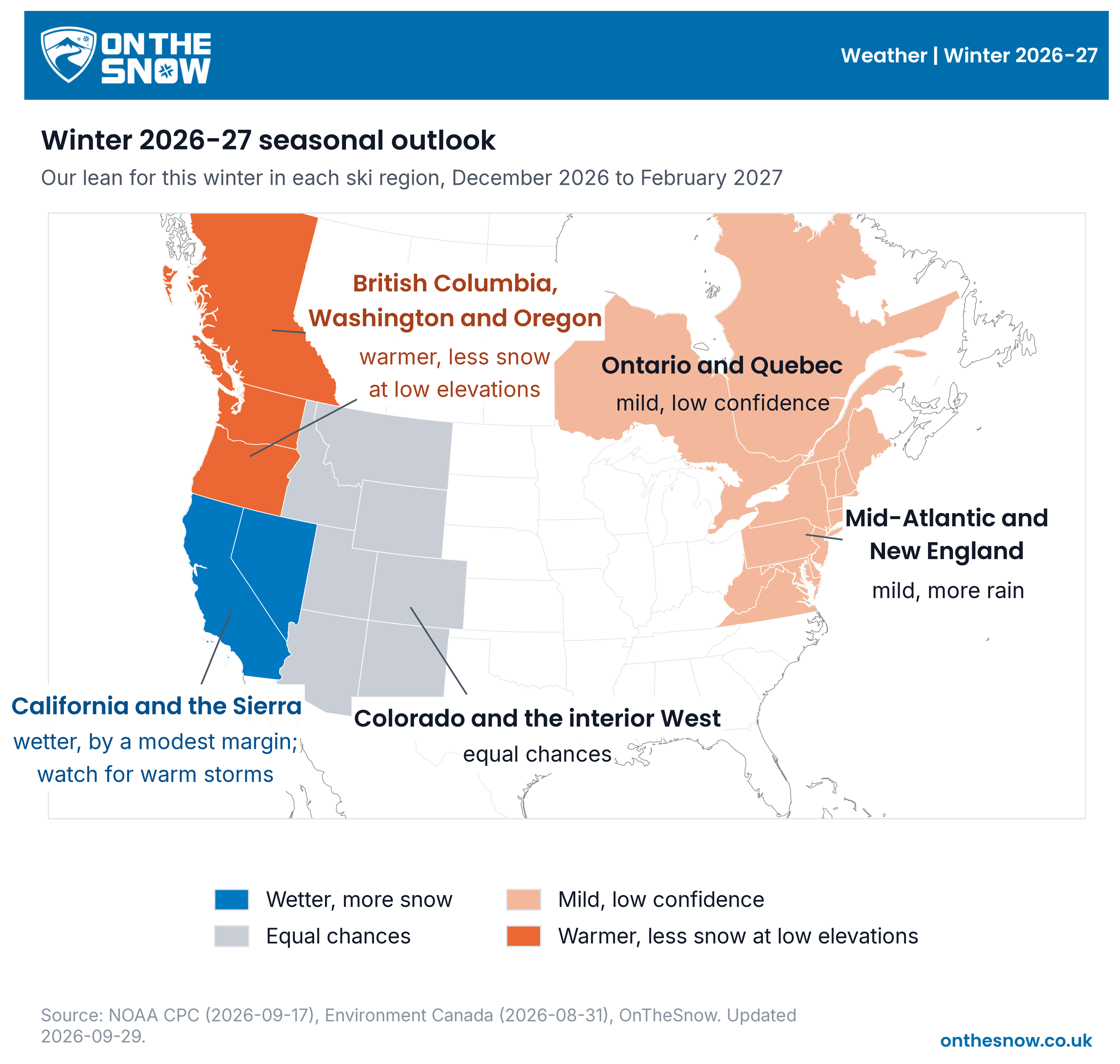 Map of the US and Canada with ski regions shaded by the OnTheSnow lean for December 2026 to February 2027